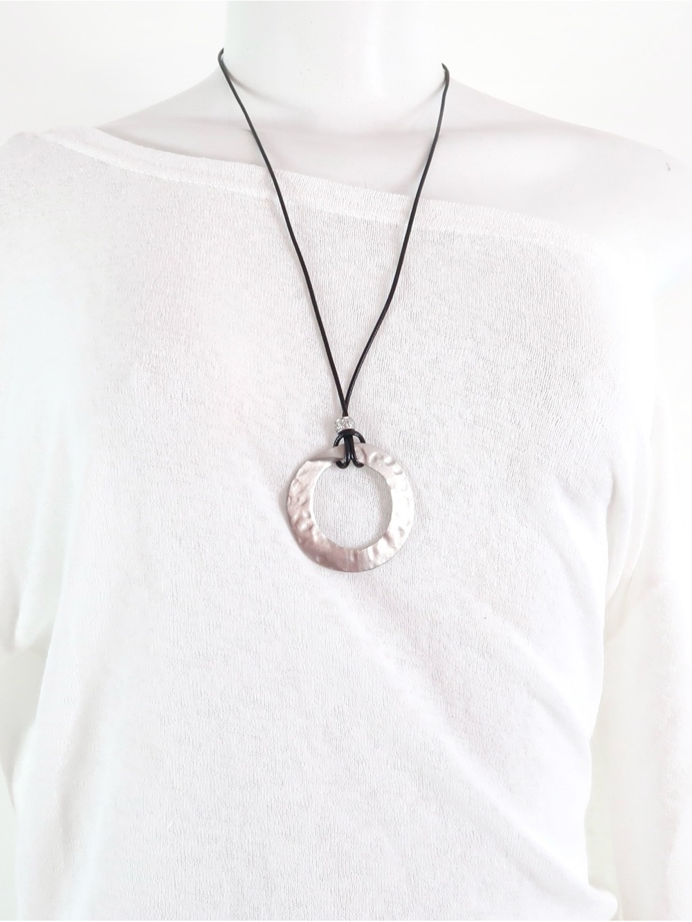 Silver Hammered Circle Pendant Necklace on Black Cord